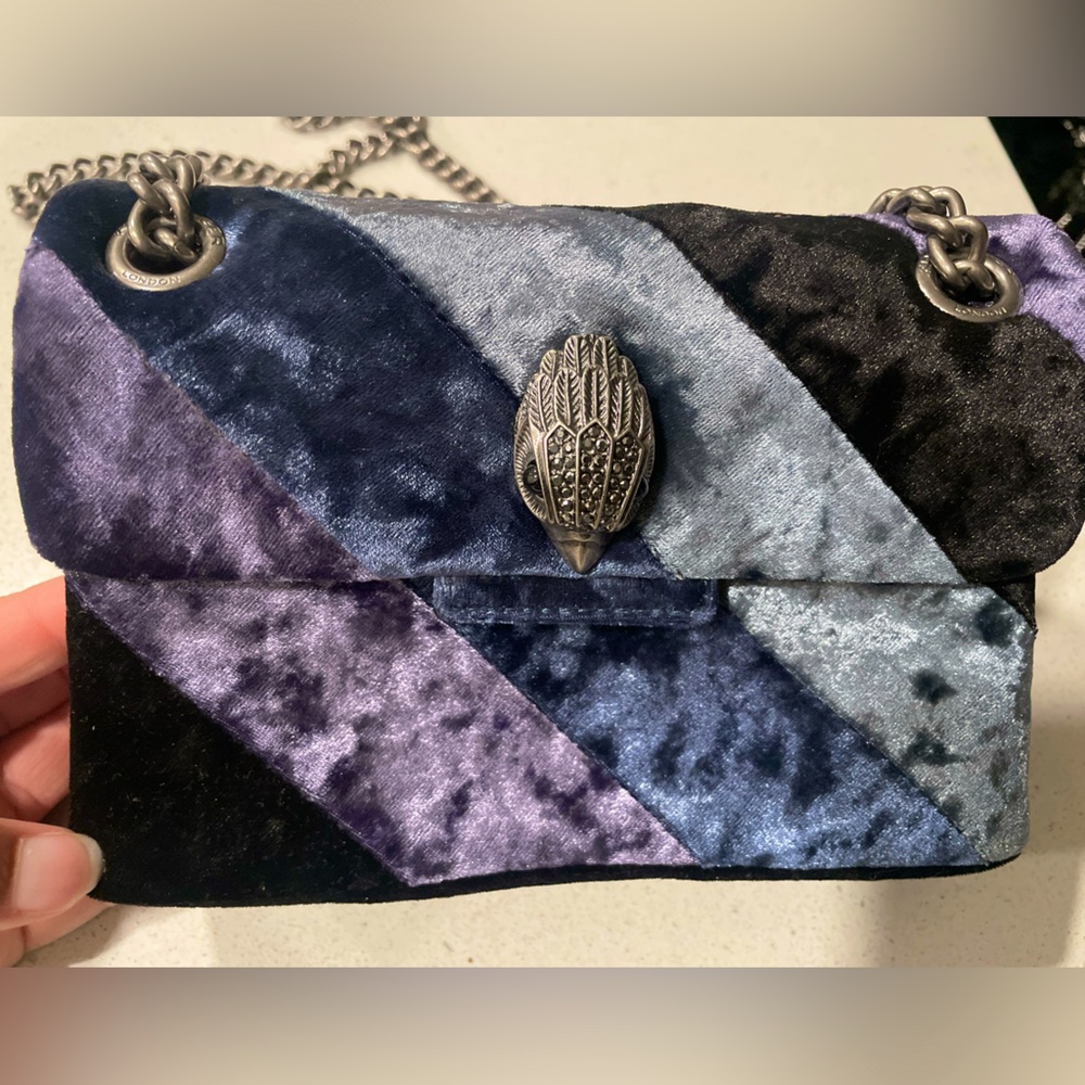 Kurt Geiger Mini Soho Bag- Velvet Patchwork Clutch with Silver Accents